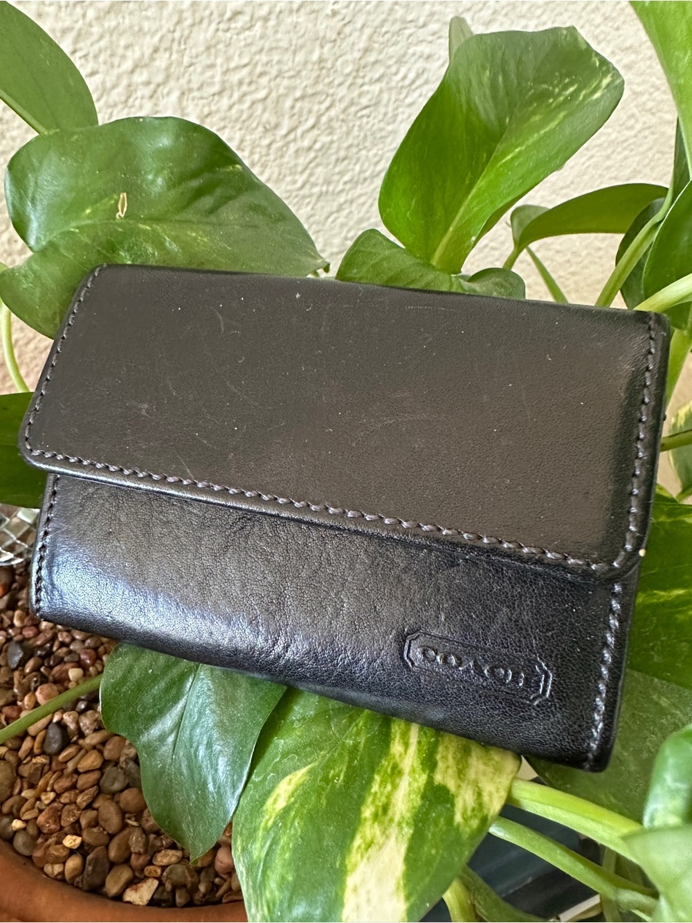 COACH Vintage Leather Cartouche Flap Snap Bifold Wallet Coin purse Black Turkey